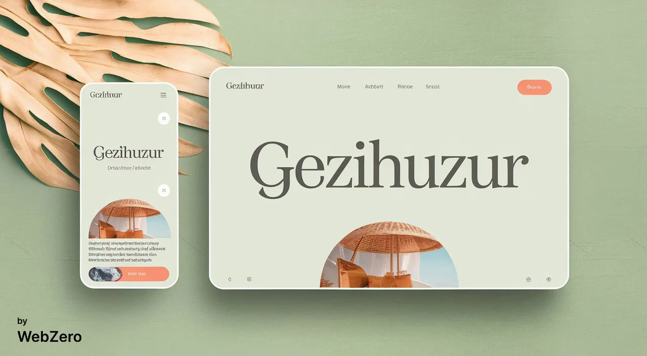 Web tasarım ajansı için minimalist tasarım: yeşil arka plan, 'Gezihuzur' logosu ve plaj temalı huzurlu bir görünüm