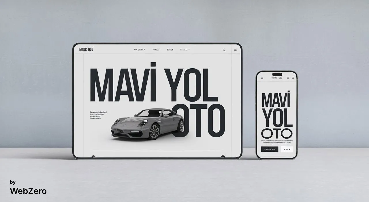 WebZero portfolyusu Mavi Yol Oto'ya özel, modern ve minimal web tasarımı. Spor araba görseli dikkat çekiyor.