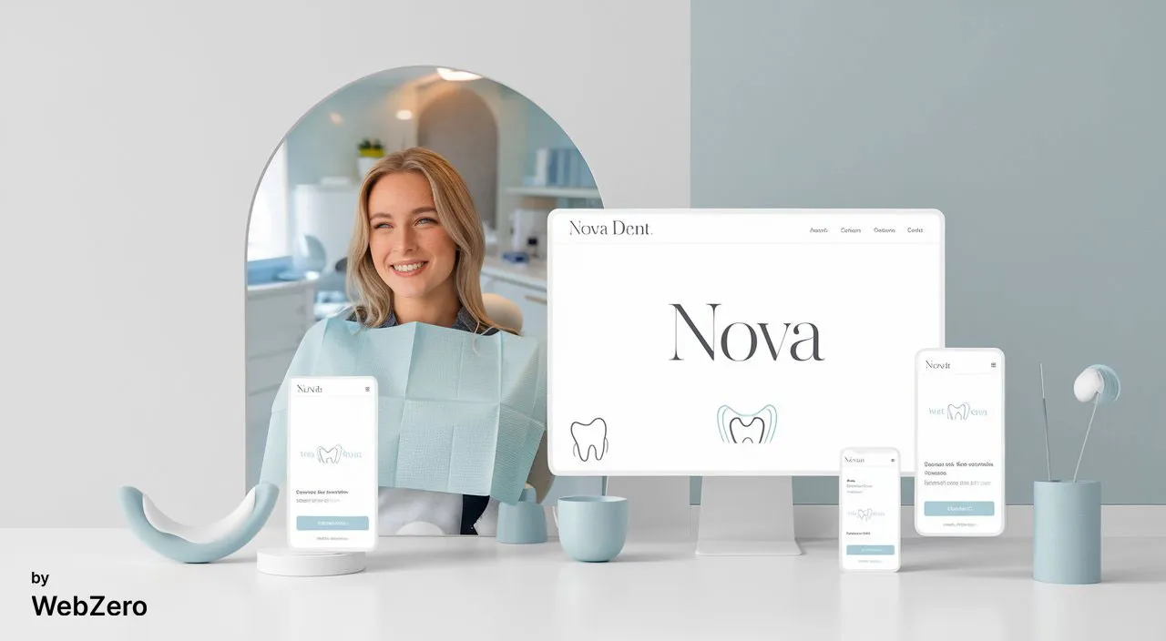 Web tasarım ajansı portfolyosundan Nova Dental için hazırlanan modern ve minimalist diş kliniği web sitesi tasarımı, tüm cihazlarla uyumlu.