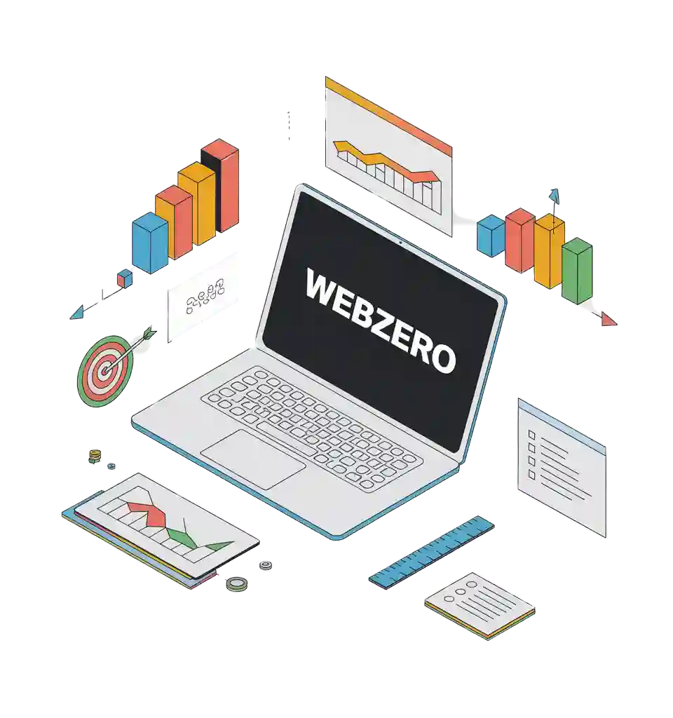WebZero logolu dizüstü bilgisayar, dijital pazarlama ajansının hedef belirleme süreçlerini vurguluyo