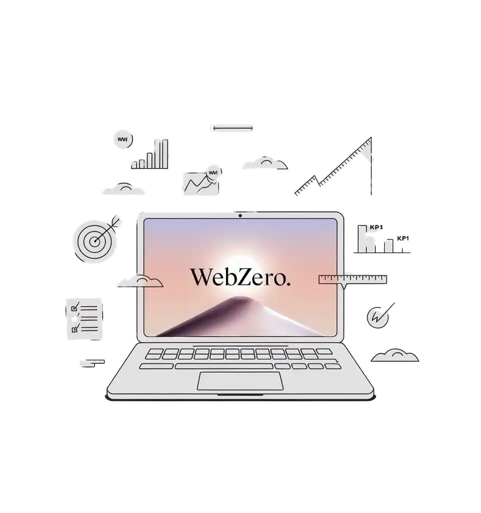 WebZero logolu dizüstü bilgisayar, dijital pazarlama ajansının strateji uygulama ve yönetim süreçlerini simgeliyor.