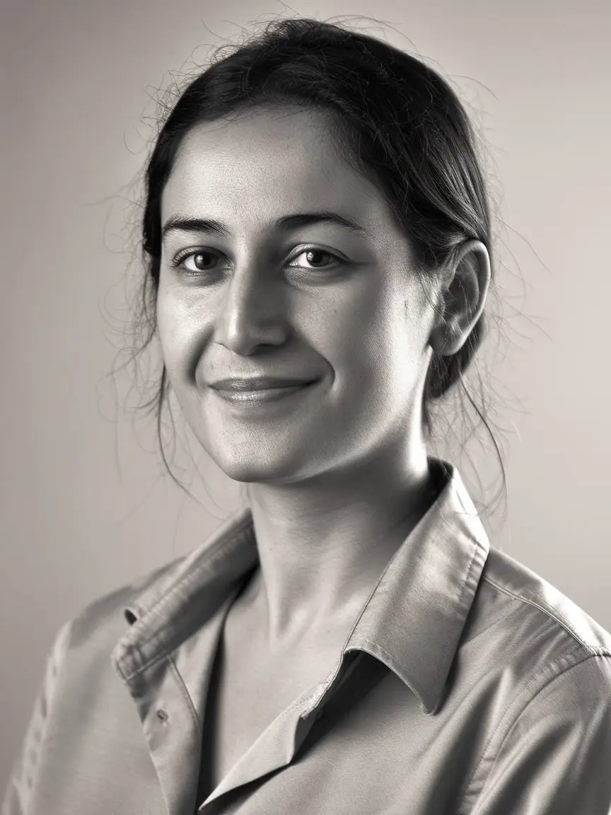 Gülümseyen bir kadın çalışan, profesyonel portre, dijital pazarlama ajansı ekip listesi için kullanılmak üzere.