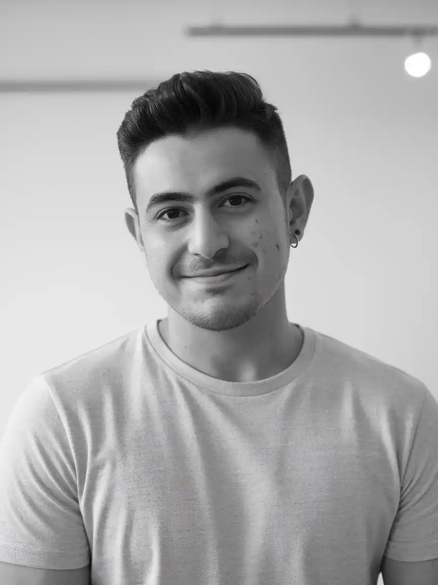 Gülümseyen bir erkek çalışan, profesyonel portre, dijital pazarlama ajansı ekip listesi için kullanılmak üzere.