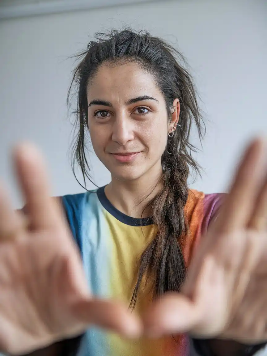 Gülümseyen bir kadın çalışan, ellerini uzatarak poz veriyor, dijital pazarlama ajansı ekip listesi için kullanılmak üzere.
