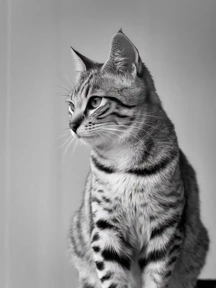 Siyah beyaz portrede bir kedi, dijital pazarlama ajansının maskotu olarak kullanılmak üzere.
